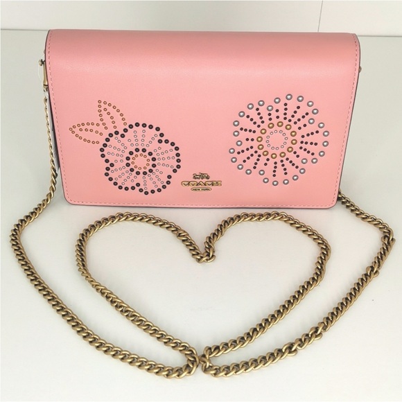 Coach Pink Tea Rose Rivets Foldover Chain Crossbody - Picture 2 of 9